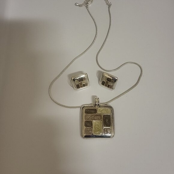 Kenneth Cole Modernist Enamel Geometric Square Silver Tone Earring-Necklace Set - Picture 1 of 7